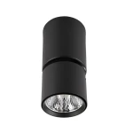 Czarna lampa sufitowa LED Boniva SPL-2854-1-SC-BL, 1-punktowa, w kształcie cylindrycznym, z metalowym wykończeniem. Zbliżenie na klosz z przezroczystym szkłem, który rozprasza światło, montowana na suficie.