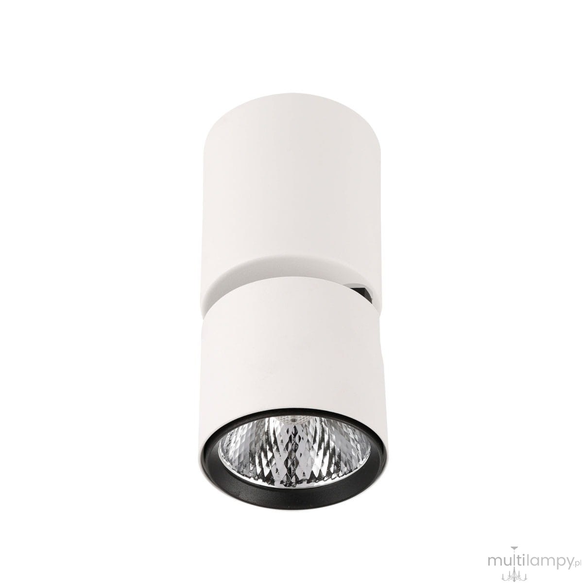Biała lampa sufitowa Boniva LED w formie spotu, z cylindrycznym korpusem i szklanym kloszem, montowana na suficie. Kąt ujęcia z góry, lampka skierowana w dół, widoczny reflektor z wyraźnym wzorem.