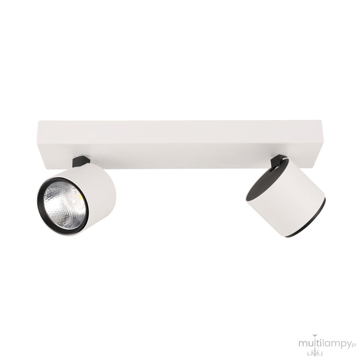 Biała lampa sufitowa Boniva LED, 2-punktowa, z okrągłymi reflektorami na czarnych podstawkach, zamontowana na prostokątnej białej listwie. Reflektory skierowane w dwa różne kierunki. Minimalistyczny design, idealna do nowoczesnych wnętrz.