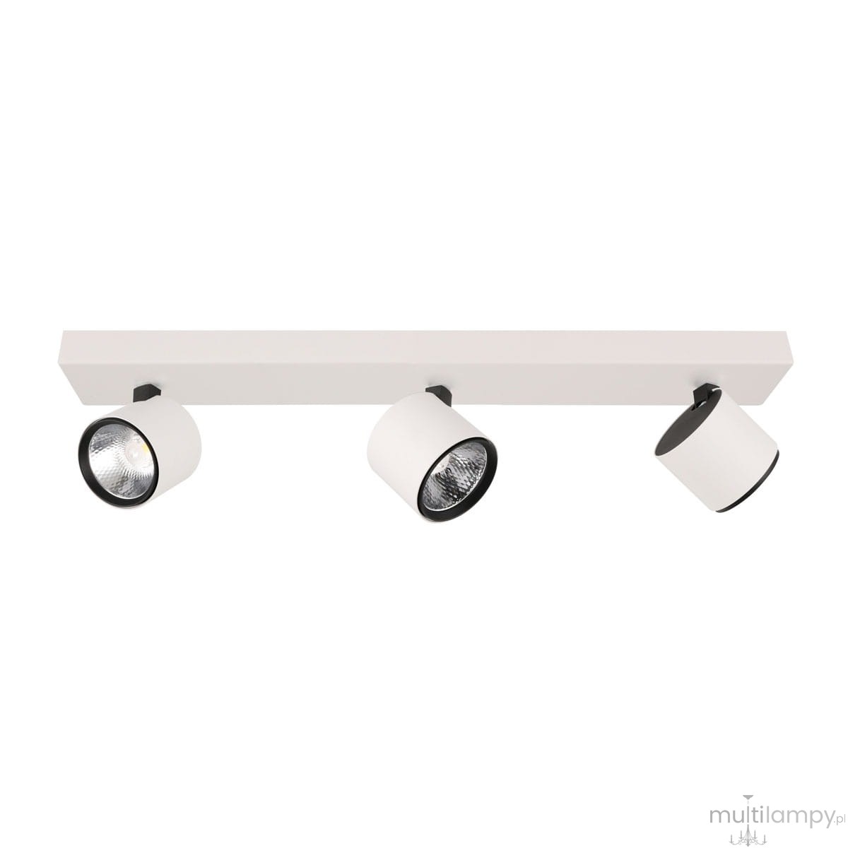 Trzypunktowa lampa sufitowa Boniva LED w kolorze białym. Metalowa konstrukcja z prostokątną podstawą i trzema okrągłymi reflektorami, z czarnymi detalami u podstawy. Reflektory można kierować w różne strony.
