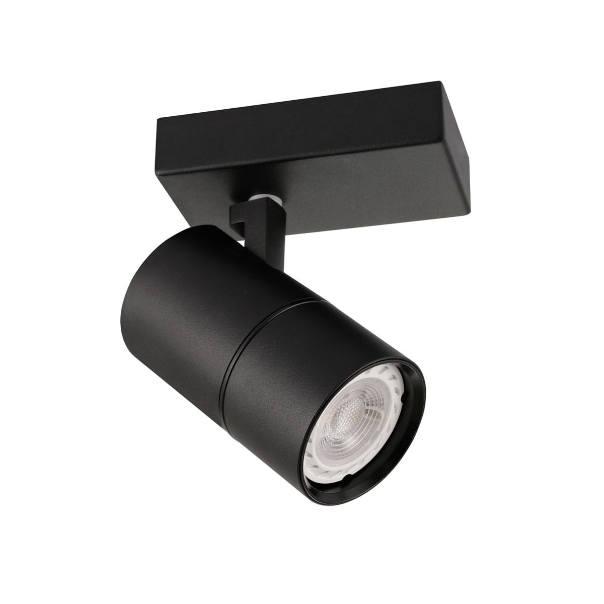 Czarna lampa sufitowa (spot) Laconi SPL-2813-1B-BL, z cylindrycznym kloszem i prostokątną podstawą. Ujęcie z boku, ukazujące detale wykończenia i mocowanie. Idealna do oświetlenia przestrzeni w nowoczesnym stylu.