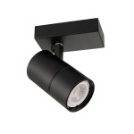 Czarna lampa sufitowa (spot) Laconi SPL-2813-1B-BL, z cylindrycznym kloszem i prostokątną podstawą. Ujęcie z boku, ukazujące detale wykończenia i mocowanie. Idealna do oświetlenia przestrzeni w nowoczesnym stylu.