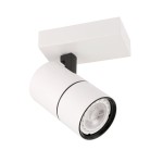 Laconi lampa sufitowa 1-punktowa w kolorze białym, z regulowanym spotem. Cylindryczny klosz z białego metalu, zamocowany na prostokątnej podstawie, z widoczną lampą w czarnej oprawie. Idealna do nowoczesnych wnętrz.