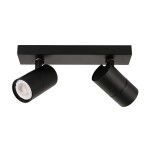 Laconi lampa sufitowa (spot) 2-punktowa, czarna, z metalowym stelażem. Dwa okrągłe reflektory skierowane na zewnątrz, montowane na prostokątnej podstawie. Minimalistyczny design, idealna do nowoczesnych wnętrz.