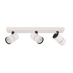 Laconi lampa sufitowa 3-punktowa w kolorze białym, z trzema okrągłymi reflektorami na czarno-białej podstawie. Reflektory są regulowane, co umożliwia kierowanie światła w różnych kierunkach. Montaż sufitowy, nowoczesny design.
