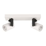 Lampa sufitowa Mola 2-punktowa w kolorze białym z dwoma regulowanymi reflektorami na czarnych uchwytach. Zamontowana na prostokątnej podstawie, idealna do oświetlenia wnętrz. Ujęcie frontalne, prezentujące wszystkie kluczowe elementy.
