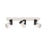 Lampa sufitowa Mola 3-punktowa w kolorze białym, zamontowana na prostokątnej podstawie. Dwa ruchome reflektory o cylindrycznym kształcie z czarnymi mocowaniami. Elementy o gładkiej, matowej powierzchni, z widocznymi źródłami światła.