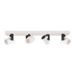 Lampa sufitowa Mola 4-punktowa w kolorze białym z czarnymi detalami. Składa się z prostokątnej listwy z czterema ruchomymi reflektorami w kształcie cylindrów, umieszczonymi na czarnych uchwytach.