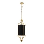 Lampa wisząca Lunga Gold Nero w kolorze złotym i czarnym, z cylindrycznym abażurem z czarnego materiału, zawieszona na złotej łańcuchowej konstrukcji. Stylowy kształt z dekoracyjnymi elementami metalowymi, montowana sufitowo.