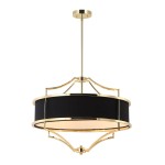 Lampa wisząca Stesso Gold Nero M w kolorze złotym i czarnym, 4-punktowa, z okrągłym kloszem, metalowa konstrukcja z dekoracyjnymi detalami, zawieszona na cienkim drucie, w prostym, jasnym tle.