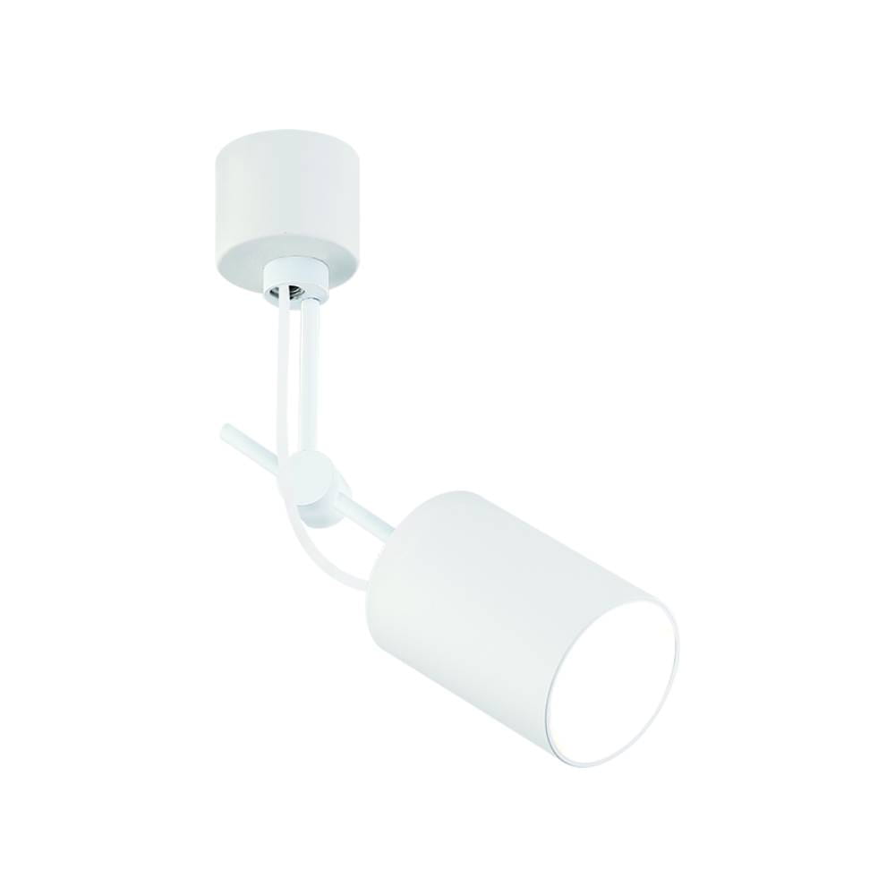 Biała lampa sufitowa Stick Nero z jednym punktem świetlnym, wykonana z metalu. Ujęcie z boku, pokazujące cylindryczny klosz oraz mocowanie do sufitu. Prosty, nowoczesny design, przeznaczona do montażu na suficie.