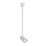 Lampa sufitowa Tuka Bianco L w kolorze białym, 1-punktowa. Posiada długi, prosty drążek z okrągłym mocowaniem sufitowym. Reflektor w formie cylindrycznej, skierowany w dół, zapewnia skoncentrowane oświetlenie. Tło proste, białe.