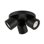 Czarna lampa sufitowa Nuora (spot) 3-punktowa, z trzema regulowanymi kloszami. Okrągła podstawa w matowym wykończeniu. Ujęcie z góry, ukazujące kształt i detale mocowania. Idealna do nowoczesnych wnętrz.