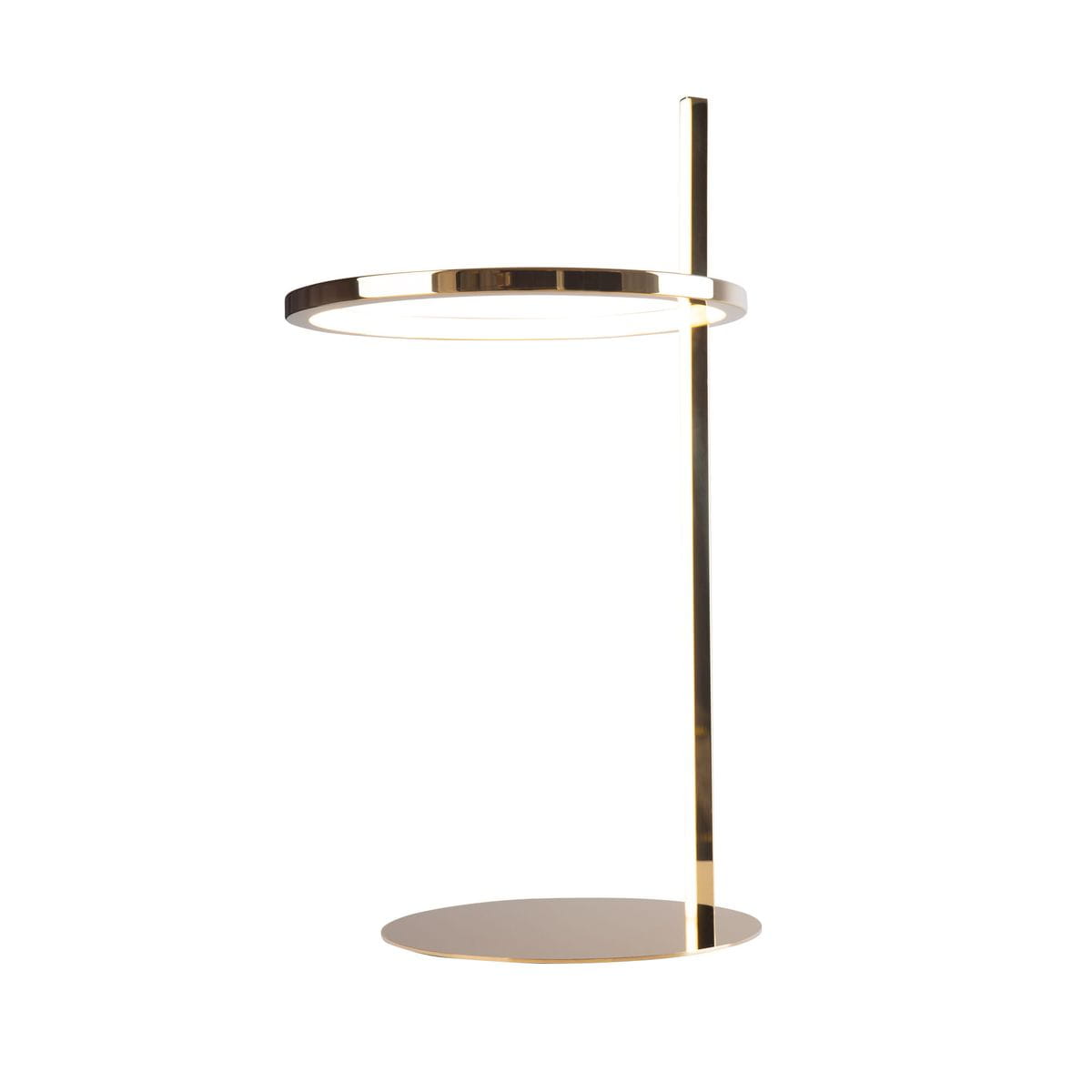 Złota lampa stołowa Lozanna LED, z okrągłym pierścieniem i prostym stelażem. Ujęcie z boku, stojąca na okrągłej podstawie. Minimalistyczny design, idealna do biura lub nowoczesnego wnętrza.