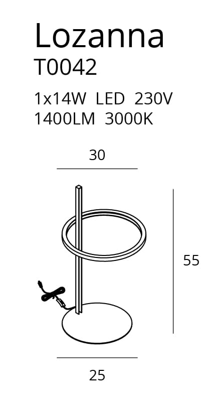Lampa stołowa Lozanna LED T0042, 1-punktowa, o wysokości 55 cm i średnicy podstawy 25 cm. Posiada okrągły klosz i prosty, metalowy stelaż. Źródło światła: 1x14W LED, 3000K, 1400LM. Kabel z wtyczką widoczny z boku.