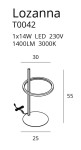 Lampa stołowa Lozanna LED T0042, 1-punktowa, o wysokości 55 cm i średnicy podstawy 25 cm. Posiada okrągły klosz i prosty, metalowy stelaż. Źródło światła: 1x14W LED, 3000K, 1400LM. Kabel z wtyczką widoczny z boku.
