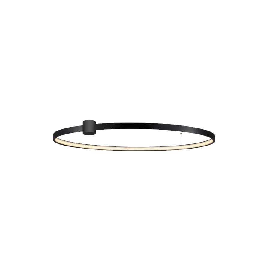 Lampa sufitowa LED Ring D90 o mocy 50W w kolorze czarnym, w formie okręgu z delikatnym, jasnym podświetleniem, montowana na suficie. Widok frontalny, z widocznym mocowaniem.