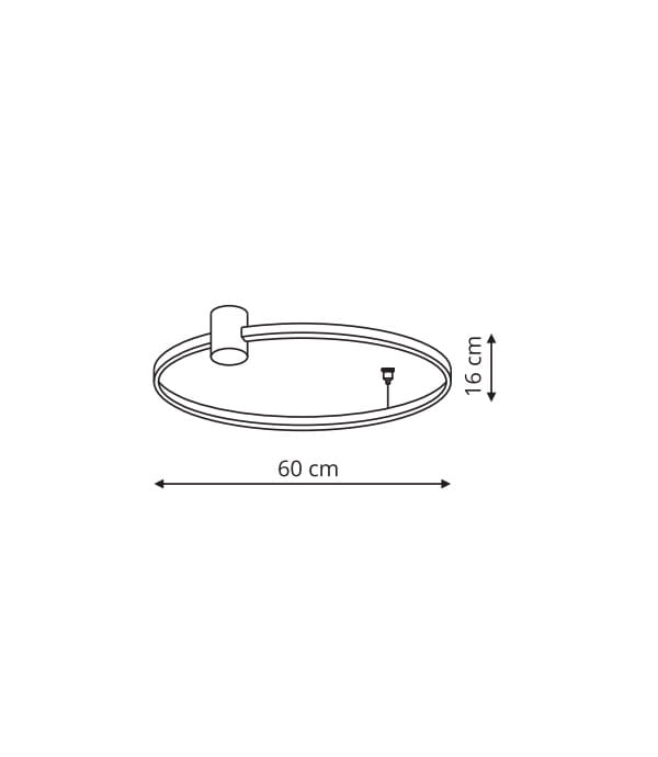 Czarna lampa sufitowa LED Ring D60, o średnicy 60 cm i wysokości 16 cm, z prostokątnym uchwytem. Posiada moc 35W i funkcję CCT, co pozwala na zmianę temperatury barwowej światła. Montaż sufitowy, minimalistyczny design.