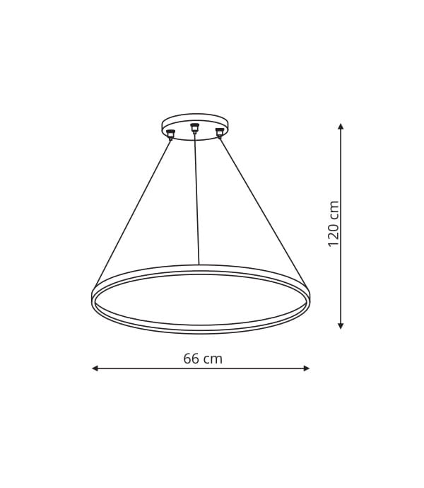 Lampa wisząca LED Ring D66 w kolorze czarnym, o wymiarach 66 cm średnicy i 120 cm wysokości. Posiada nowoczesny, stożkowy kształt z okrągłym kloszem, idealna do oświetlenia wnętrz.
