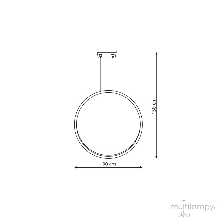 Lampa wisząca LED D90 o średnicy 90 cm, wysokości 150 cm, w kolorze czarnym. Posiada IP44, moc 50W, regulację temperatury barwowej CCT. Zawieszona na cienkim kablu, z minimalistycznym, okrągłym kloszem.