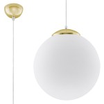 Lampa wisząca Ugo 30, z białym, okrągłym kloszem i złotą metalową podstawą. Zawieszona na przezroczystym przewodzie, z widocznym złotym mocowaniem sufitowym. Prosta forma, idealna do nowoczesnych wnętrz.
