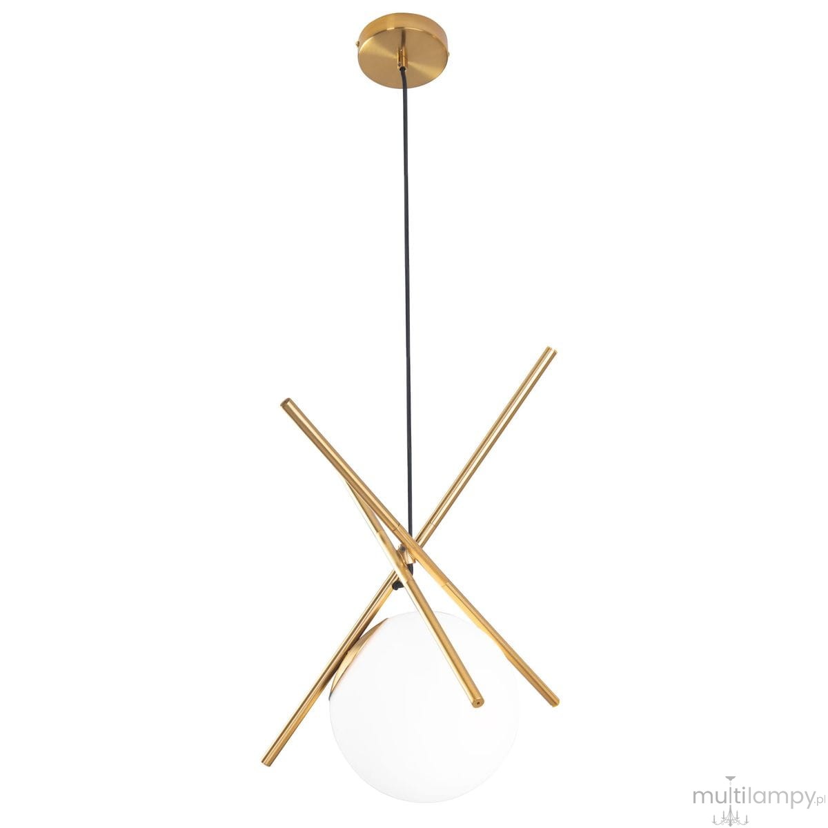 Lampa wisząca Xena 1-punktowa w kolorze mosiądzu. Składa się z trzech złotych prętów tworzących krzyż, z białą, okrągłą oprawą w centrum. Zawieszona na czarnym kablu. Sufitowa podstawa w kolorze mosiądzu.