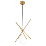 Lampa wisząca Xena 1-punktowa w kolorze mosiądzu. Składa się z trzech złotych prętów tworzących krzyż, z białą, okrągłą oprawą w centrum. Zawieszona na czarnym kablu. Sufitowa podstawa w kolorze mosiądzu.
