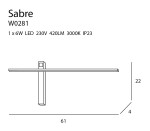 Kinkiet LED Sabre W0281 w kolorze czarnym, o wymiarach 61 cm długości, 22 cm wysokości i 4 cm głębokości. Posiada jedną diodę LED o mocy 6W, ciepłej barwie światła 3000K, z klasą szczelności IP23. Ułożony poziomo, z minimalistycznym designem.