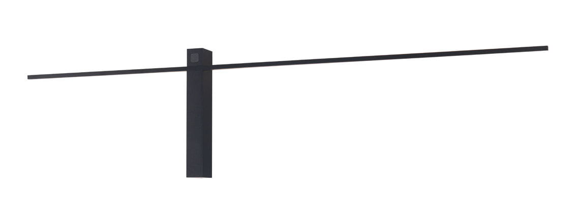 Czarny kinkiet LED Sabre W0283 z prostokątną podstawą i poziomym ramieniem. Kinkiet zamontowany w pionie, minimalistyczny design, idealny do nowoczesnych wnętrz. Prosta, matowa powierzchnia, brak widocznych napisów.