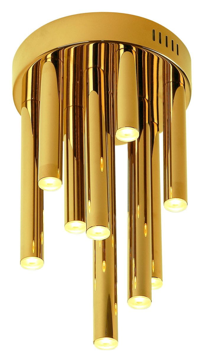 Złota lampa sufitowa LED z dziesięcioma cylindrycznymi punktami świetlnymi, zamontowana na okrągłej podstawie. Kąt ujęcia z dołu, ukazujący lustrzaną powierzchnię i nowoczesny design. Oświetlenie idealne do wnętrz.