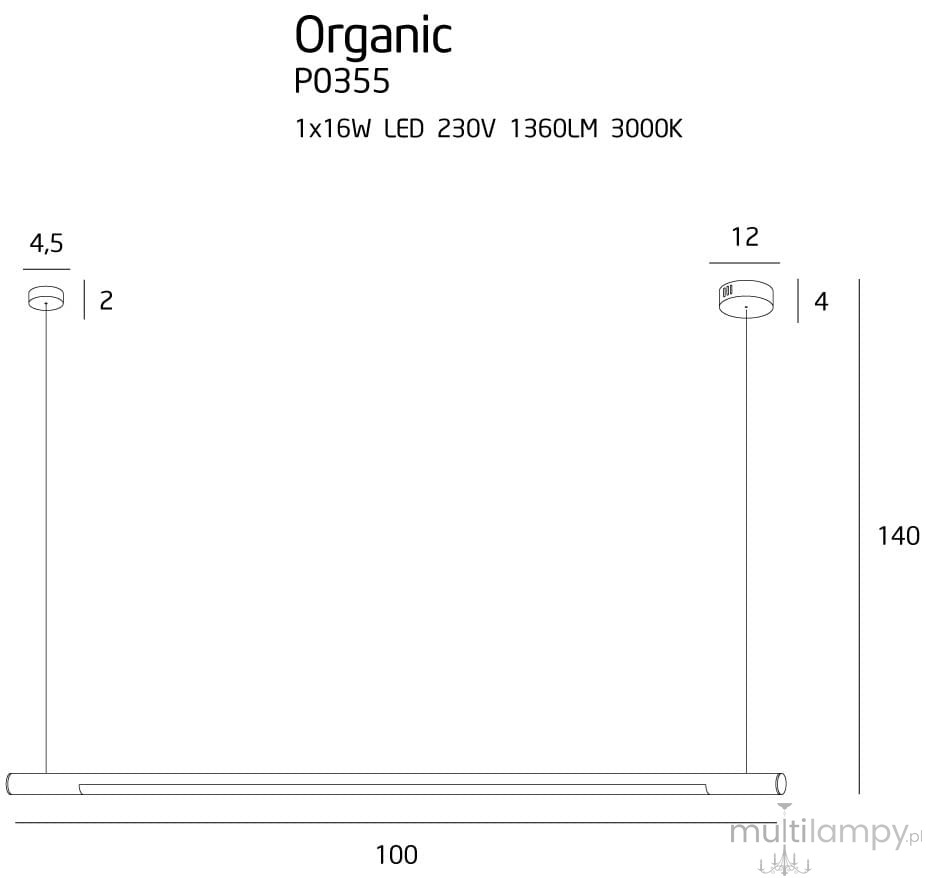 Lampa wisząca Organic LED D100 w chromowanym wykończeniu, z pojedynczym punktem świetlnym. Wymiary: długość 100 cm, wysokość 140 cm, średnica mocowania 12 cm. Źródło światła: 1x16W LED, 1360LM, 3000K.