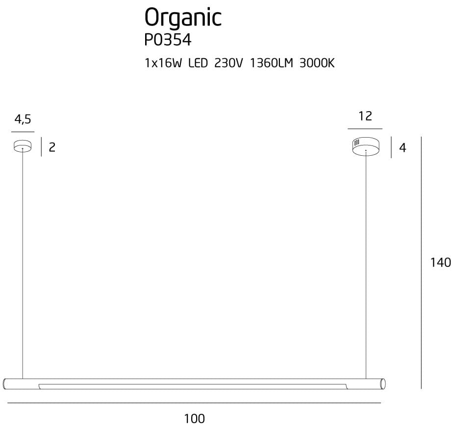 Czarna lampa wisząca Organic LED D100 o wymiarach 100 cm długości i 140 cm wysokości. Posiada jedno źródło LED 16W, 1360LM, 3000K. Lampa zawieszona na cienkim przewodzie, z okrągłym mocowaniem sufitowym.