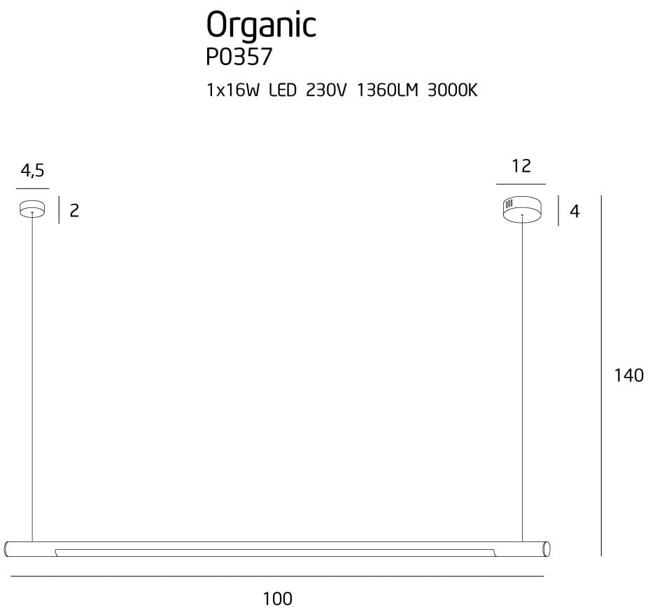 Biała lampa wisząca Organic LED D100, 1-punktowa, o wymiarach 100 cm długości i 140 cm wysokości. Posiada okrągły sufitowy uchwyt oraz prostokątną, płaską konstrukcję. Wyposażona w diodę LED 16W, 1360LM, 3000K.