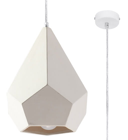 Lampa wisząca Pavlus 1-punktowa ceramiczna w kształcie diamentu, w kolorze jasnego beżu, zawieszona na cienkim, metalowym przewodzie. Elementy montażowe w białym kolorze. Przeznaczona do oświetlenia wnętrz.