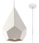 Lampa wisząca Pavlus 1-punktowa ceramiczna w kształcie diamentu, w kolorze jasnego beżu, zawieszona na cienkim, metalowym przewodzie. Elementy montażowe w białym kolorze. Przeznaczona do oświetlenia wnętrz.