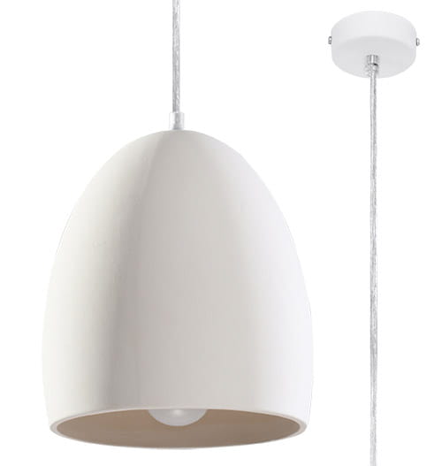 Lampa wisząca Flawiusz, 1-punktowa, ceramiczna, w kształcie stożka z matowej bieli. Zawieszona na sznurze, z okrągłą podstawą sufitową. Wnętrze klosza w kolorze naturalnym. Idealna do nowoczesnych wnętrz.