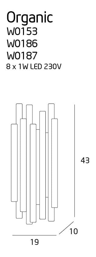 Kinkiet Organic LED 8-punktowy w chromowanej obudowie. Wymiary: 43 cm wysokości, 19 cm szerokości, 10 cm głębokości. Elementy oświetleniowe o prostokątnym kształcie, układające się w nowoczesny wzór. Przeznaczony do montażu na ścianie.