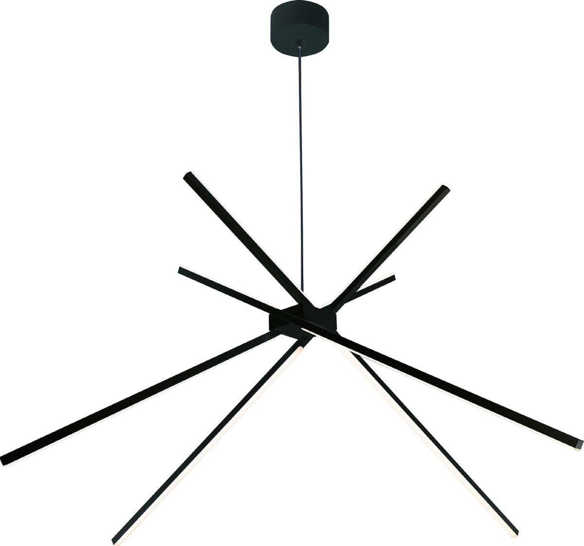 Czarna lampa wisząca Spider LED o trzech punktach świetlnych, zgeometryzowana konstrukcja z długimi, prostymi ramionami. Montaż na suficie, minimalistyczny design idealny do nowoczesnych wnętrz.