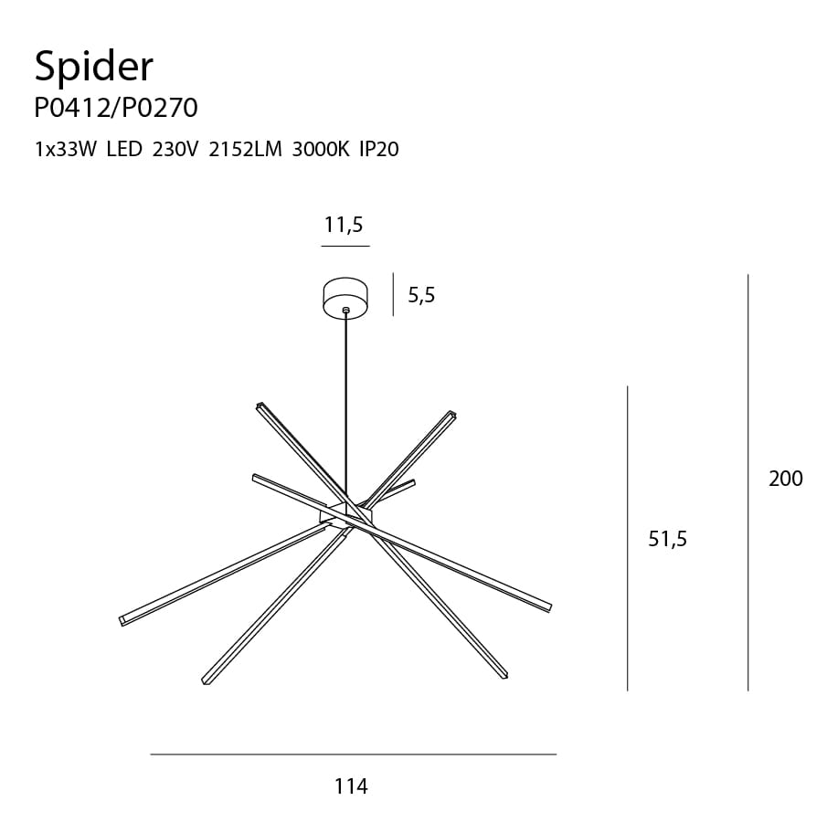 Lampa wisząca Spider LED 3-punktowa w kolorze czarnym. Posiada nowoczesny design z sześcioma ramionami. Wymiary: średnica 114 cm, wysokość 200 cm. Wykonana z metalu, z miejscem na źródło światła 33W LED. Idealna do nowoczesnych wnętrz.
