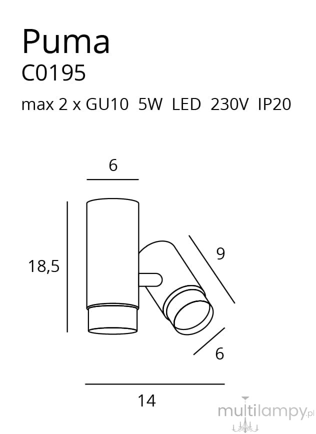 Czarna lampa sufitowa Puma C0195 z dwoma punktami świetlnymi na żarówki GU10, o maksymalnej mocy 5W. Wymiary: wysokość 18,5 cm, szerokość 14 cm. Ujęcie z boku, pokazujące obie lampy skierowane w różne strony.