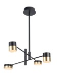 Czarna lampa wisząca Puma LED 4-punktowa, z metalowym stelażem i złotymi akcentami na kloszach. Ujęcie z dołu, pokazujące równoległe ramiona z cylindrycznymi źródłami światła. Prosta, nowoczesna forma, idealna do wnętrz.