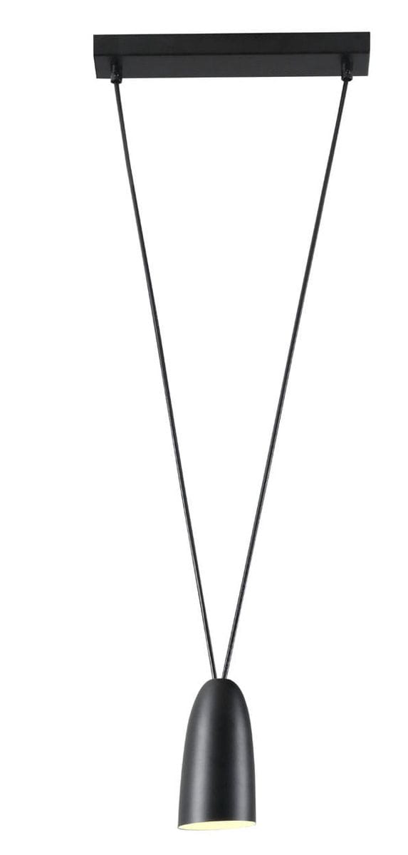 Lampa wisząca Sistema P0400 w kolorze czarnym, z aerodynamicznym kloszem o kształcie stożka. Zawieszona na dwóch cienkich linkach, przymocowana do prostokątnej podsufitki. Idealna do nowoczesnych wnętrz.