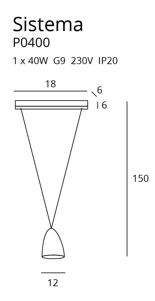 Lampa wisząca Sistema P0400 z metalowym, stożkowym kloszem o średnicy 12 cm i wysokości 150 cm. Uchwyt mocujący o szerokości 18 cm i grubości 6 cm. Przeznaczona do żarówki G9, max. 40W. Prosta konstrukcja, idealna do nowoczesnych wnętrz.