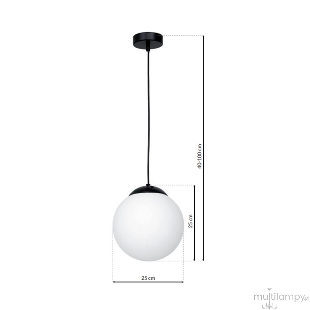 Lampa wisząca Lima 1-punktowa, biała kula o średnicy 25 cm, zawieszona na czarnym przewodzie regulowanym w zakresie 40-100 cm. Prosty, nowoczesny design, idealna do oświetlenia wnętrz.