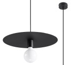 Czarna lampa wisząca Flavio 1-punktowa, o okrągłym, płaskim kloszu i białej żarówce, zamontowana na cienkim, czarnym przewodzie. Lampa zawieszona jest z sufitu, oferując minimalistyczny design, idealny do nowoczesnych wnętrz.