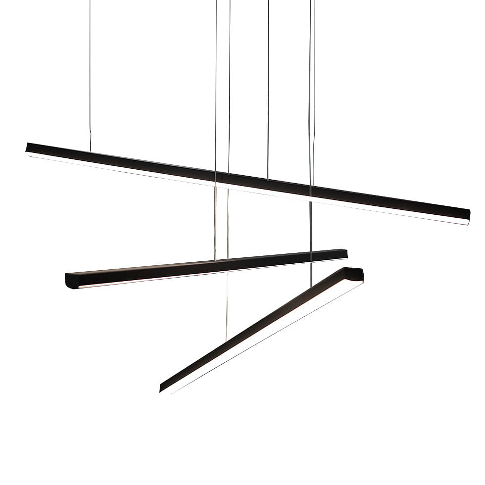 Trio LED lampa wisząca ściemnialna, 3-punktowa, czarna. Elementy mają matową, czarną powierzchnię z wbudowanym oświetleniem LED, w nowoczesnym, minimalistycznym designie.