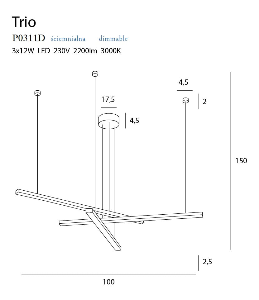Trio LED lampa wisząca ściemnialna, czarna, 3-punktowa. Posiada trzy ramiona o długości 100 cm, zawieszone na regulowanych linkach. Wymiary: średnica podstawy 17,5 cm, wysokość 150 cm. Źródło światła: 3x12W LED, 3000K.