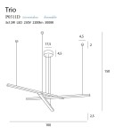 Trio LED lampa wisząca ściemnialna, czarna, 3-punktowa. Posiada trzy ramiona o długości 100 cm, zawieszone na regulowanych linkach. Wymiary: średnica podstawy 17,5 cm, wysokość 150 cm. Źródło światła: 3x12W LED, 3000K.