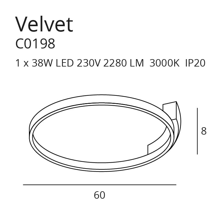 Lampa sufitowa Velvet C0198 o okrągłym kształcie, średnicy 60 cm i wysokości 8 cm, wykonana z materiałów odpornych na wilgoć (IP20). Wyposażona w diodę LED o mocy 38W, 2280 lumenów oraz temperaturze barwowej 3000K.