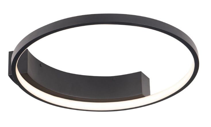 Czarna lampa sufitowa LED Velvet C0199 w okrągłej formie, z matowym wykończeniem. Posiada wbudowane źródło światła w białej obręczy. Montaż na suficie, widok z boku, ukazujący kształt i detale konstrukcji.
